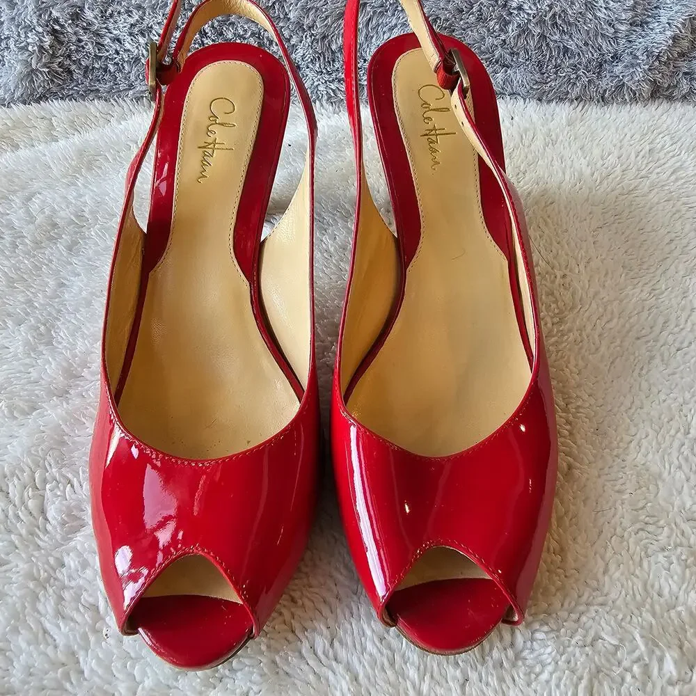 Cole Haan Women's Romantic Patent Leather Peep Toe Slingback Heels Size 7B Red‎